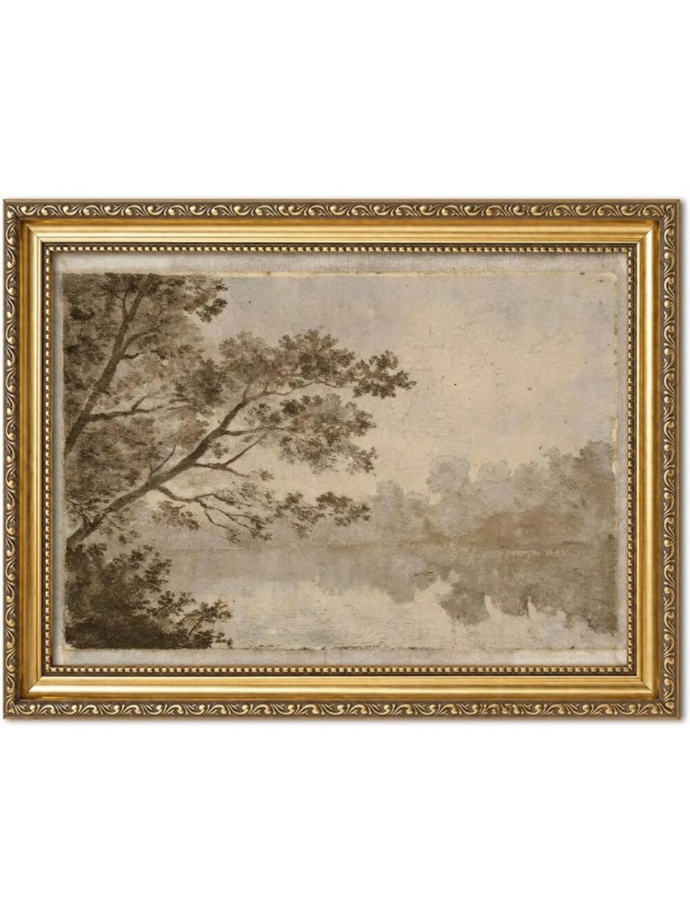 Vintage Gold Framed Landscape Wall Art, Neutral Tree Lake Canvas Print Decor